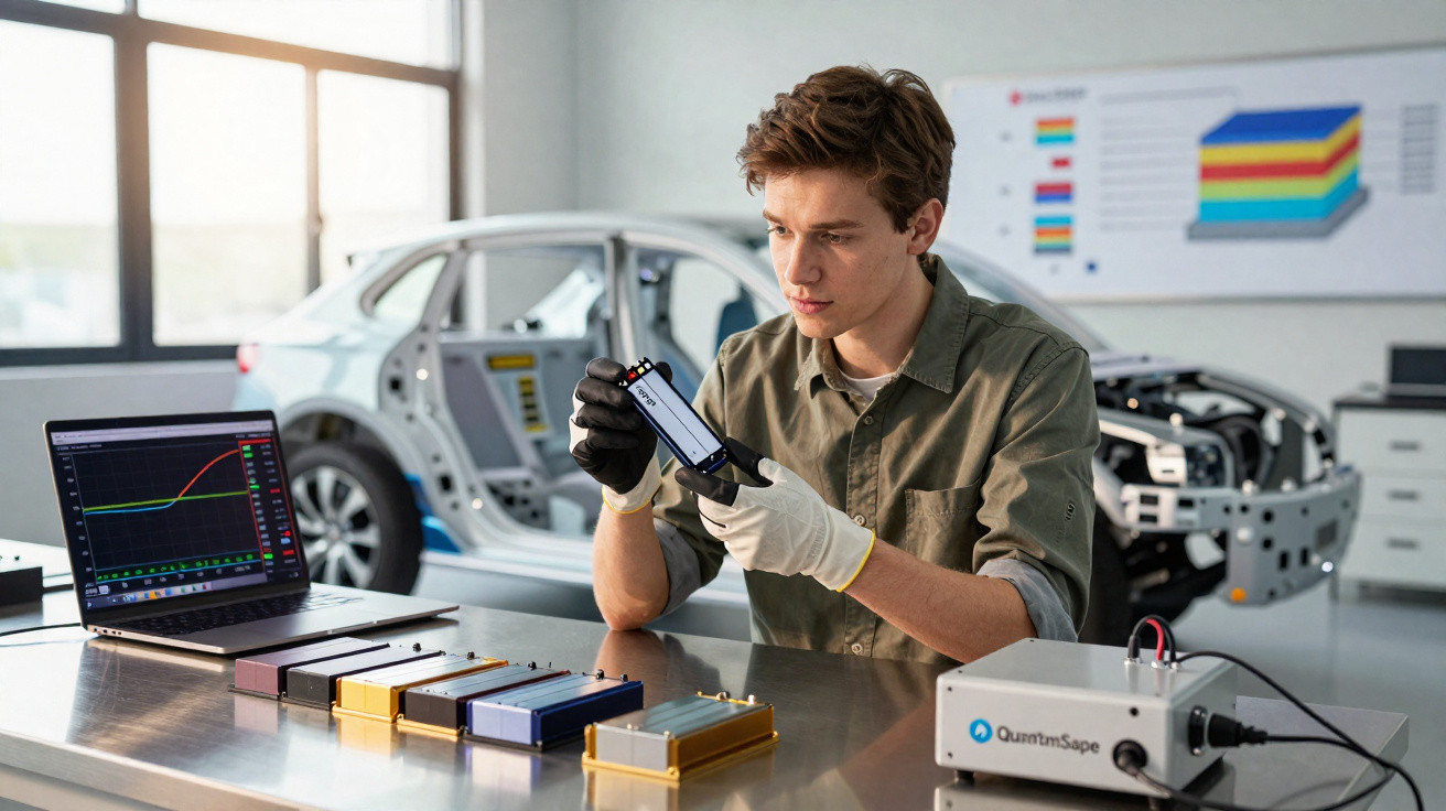 Homem analisando célula de bateria em laboratório com carros elétricos e gráficos ao fundo.