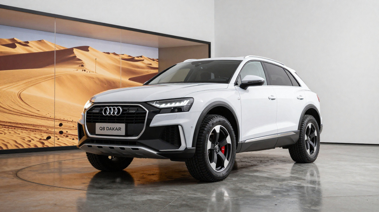 SUV Audi Q8 branco em ambiente interno com parede e quadro exibindo dunas de areia.