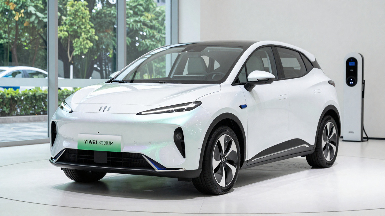 Carro elétrico branco modelo Yiwei Sodium em espaço interno com estação de recarga ao fundo.