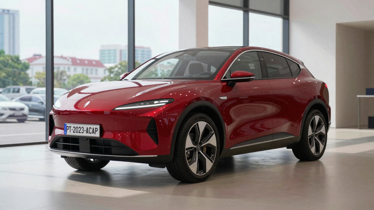 Carro elétrico SUV vermelho em exposição dentro de showroom moderno com janelas amplas.