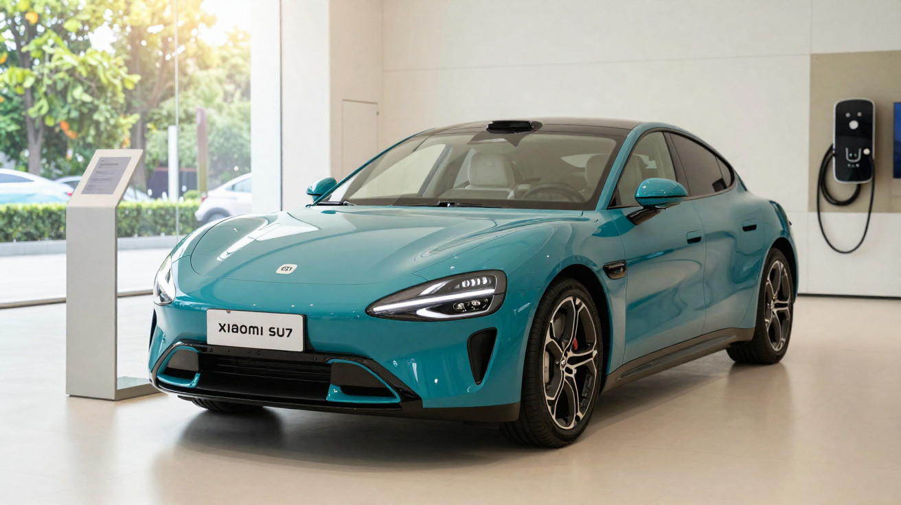 Carro elétrico Xiaomi SU7 azul em showroom moderno com estação de carregamento na parede.