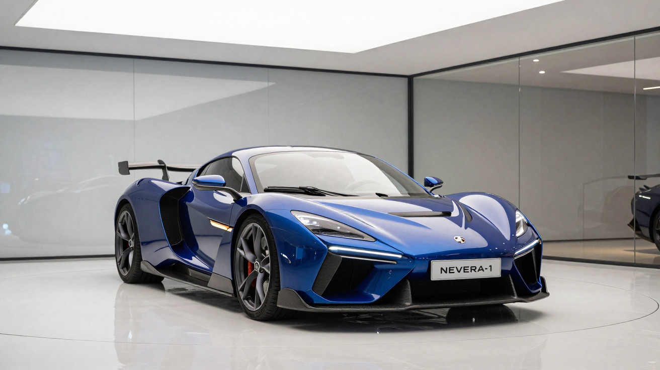Carro esportivo azul Nevera-1 exibido em sala branca com parede espelhada ao fundo.