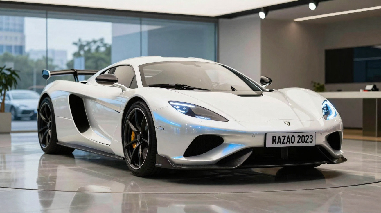 Carro esportivo branco com faróis acesos em showroom moderno e placas personalizadas "RAZAO 2023".