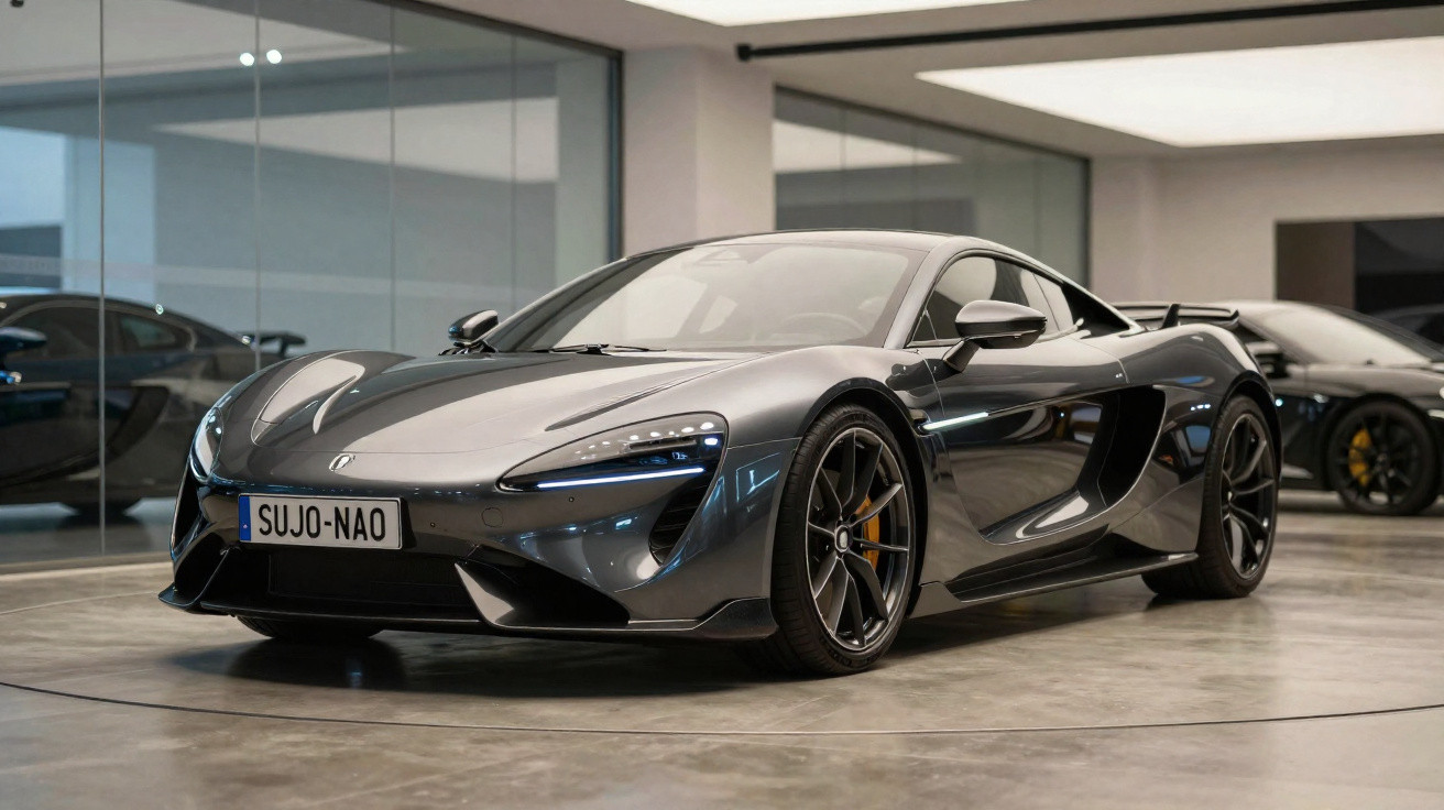 Carro esportivo cinza metálico estacionado em showroom moderno com piso de concreto polido.