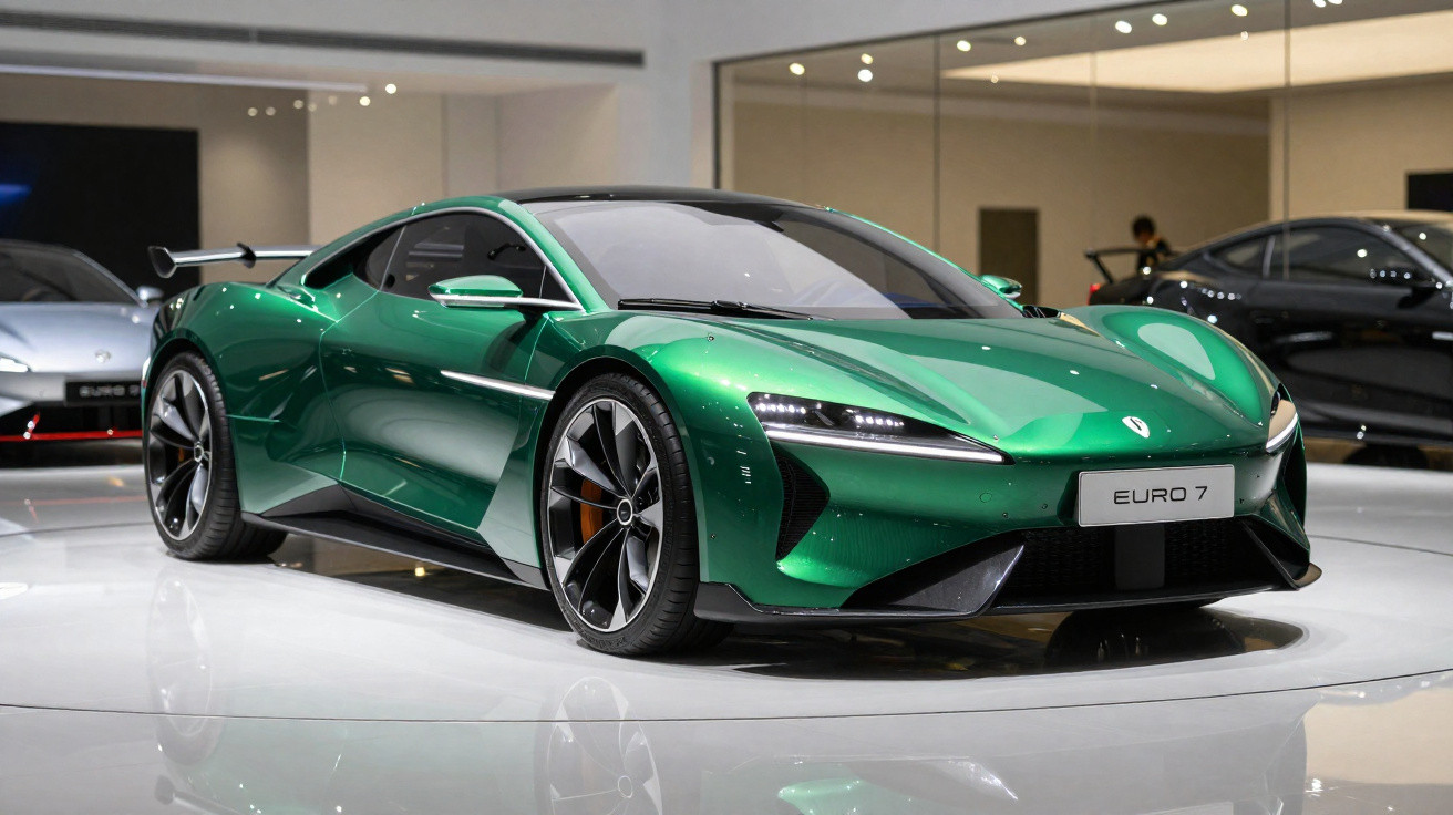Carro esportivo elétrico verde metálico exibido em showroom com iluminação moderna e refletida no piso brilhante.