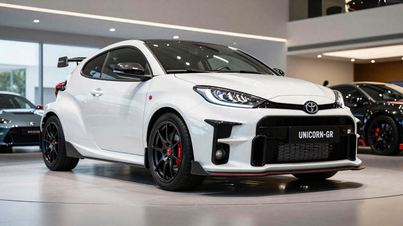 Carro esportivo branco Toyota GR com rodas pretas exibido em showroom moderno.