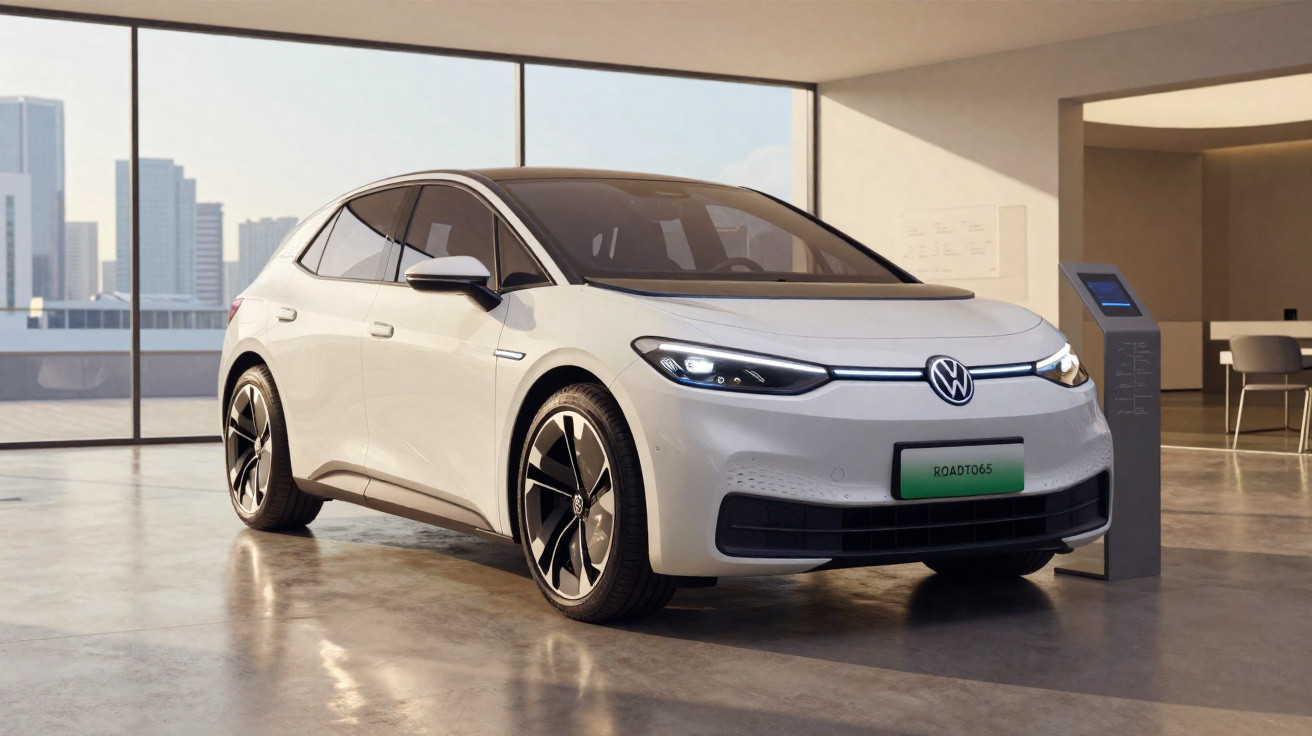 Carro elétrico branco Volkswagen ID.3 em ambiente interno moderno com vidro e vista da cidade ao fundo.