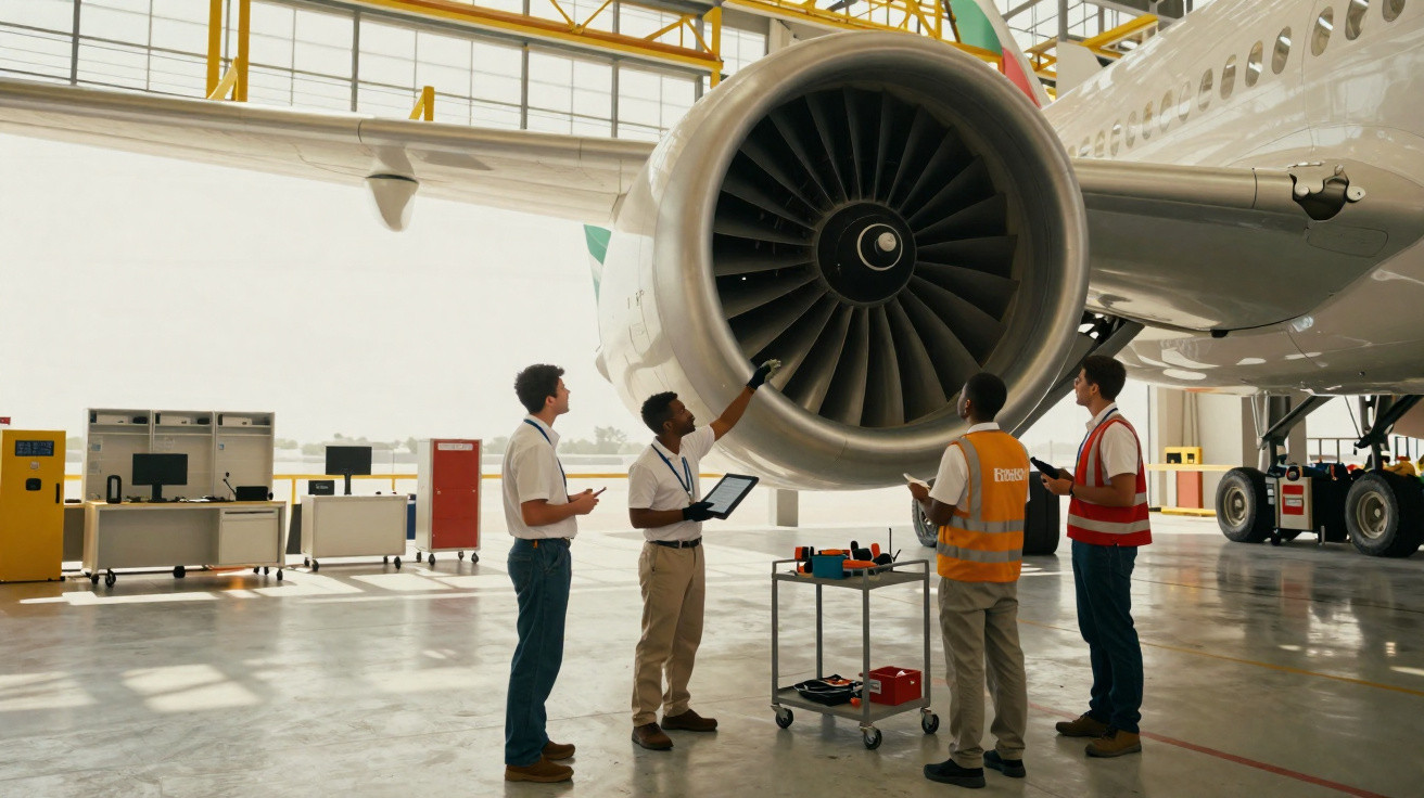 Técnicos inspecionam motor de avião em hangar com equipamentos e computador ao fundo.