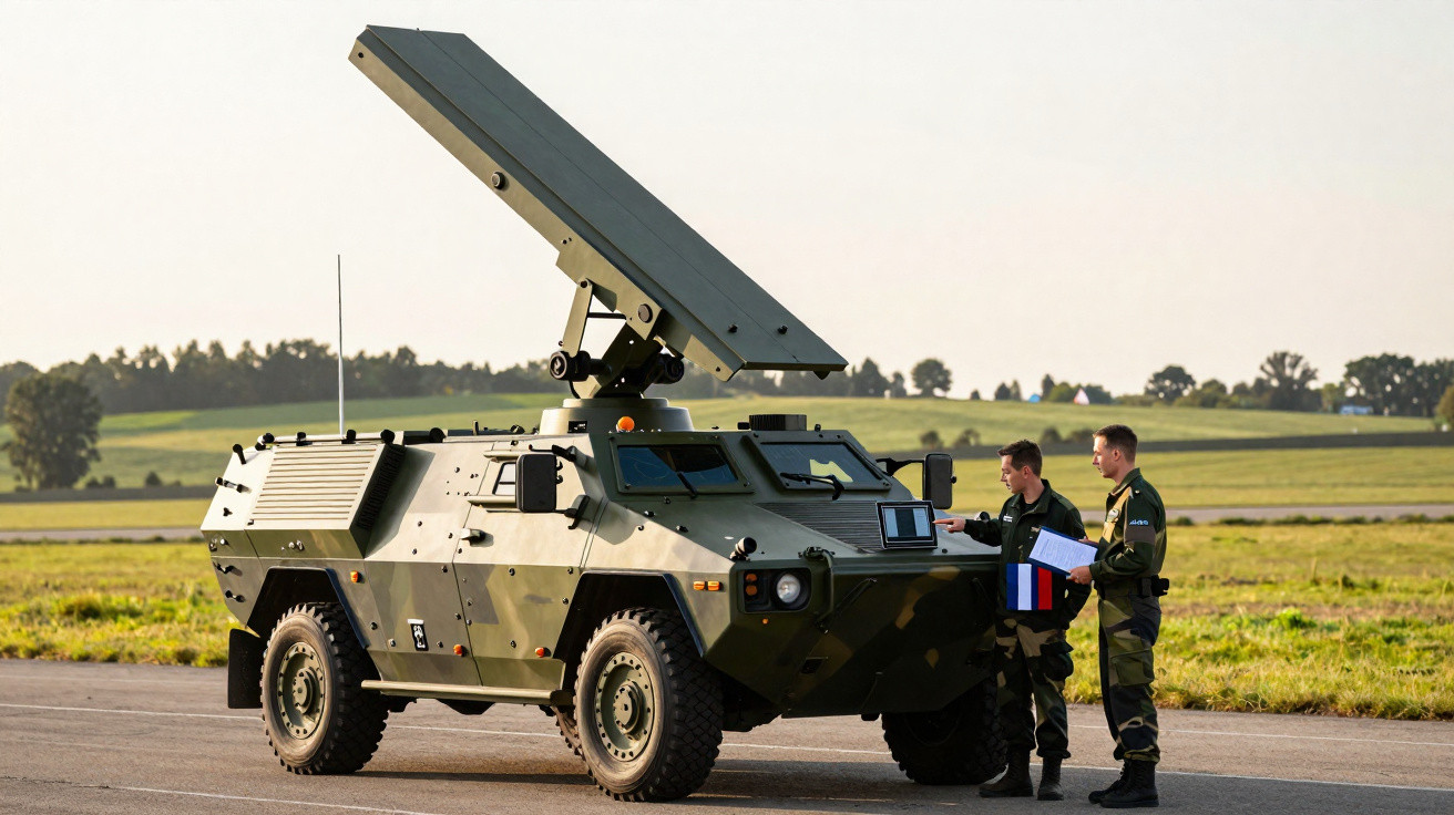 Veículo blindado militar com equipamento de radar e dois soldados em campo aberto durante o dia.