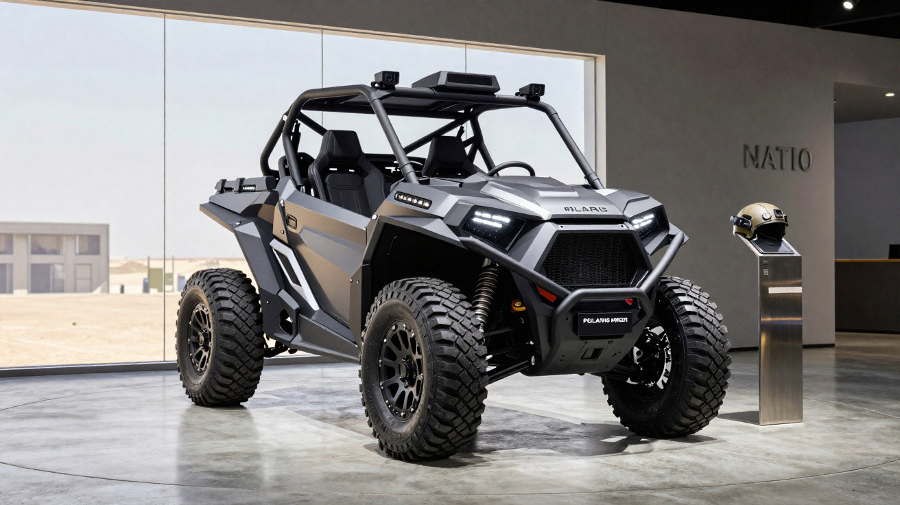 Veículo off-road Polaris RZR cinza indicado para terrenos difíceis, exposto em ambiente interno moderno.