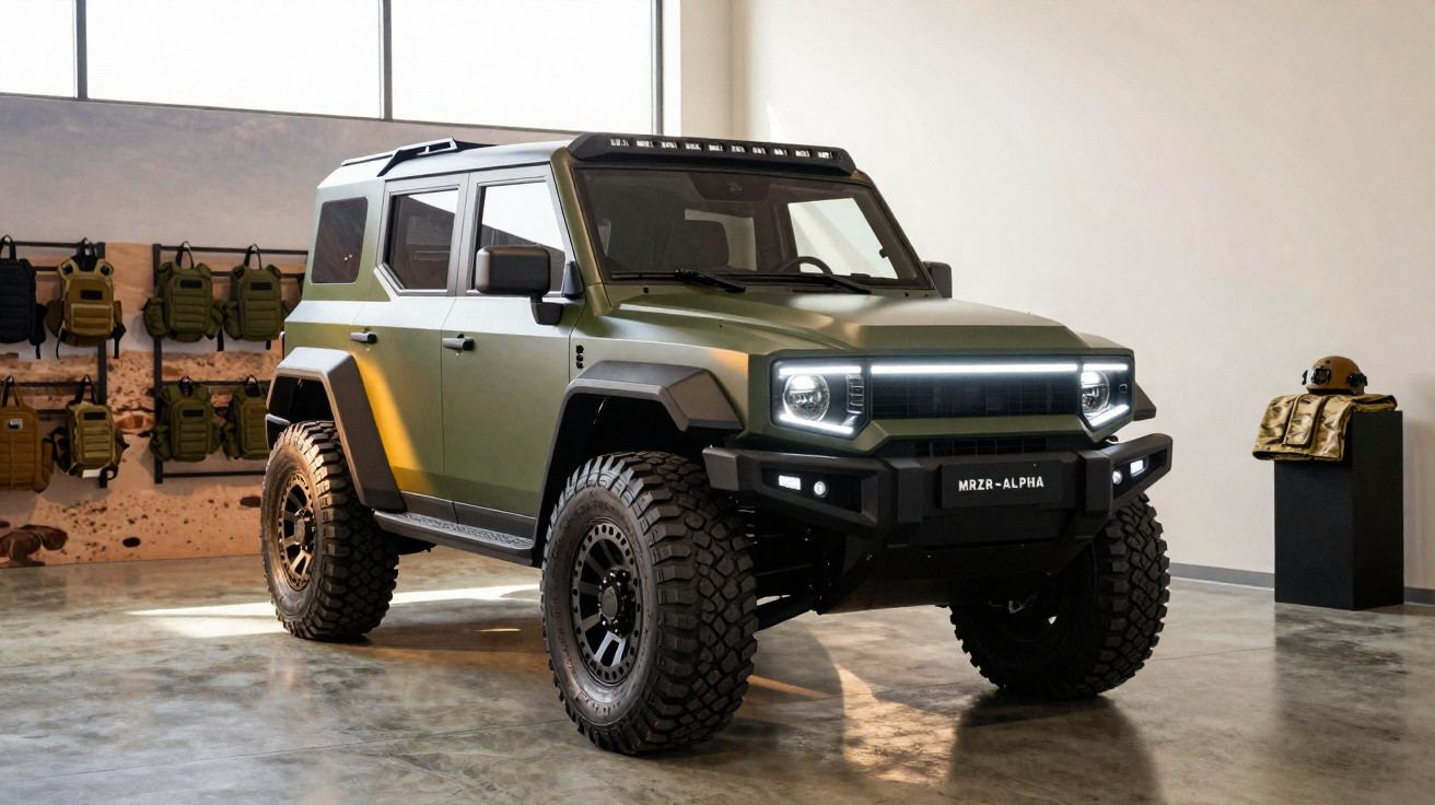 Veículo off-road verde militar com faróis ligados em ambiente interno com mochilas táticas ao fundo.