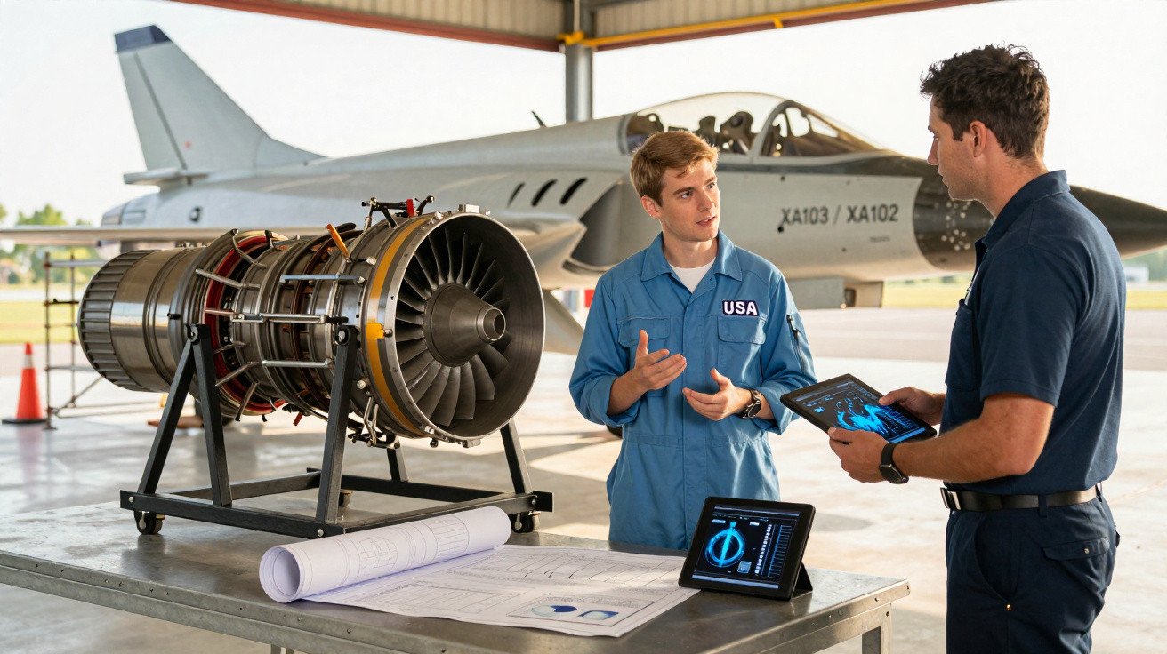 Dois homens discutem dados técnicos em hangar com motor de avião e jato militar ao fundo.