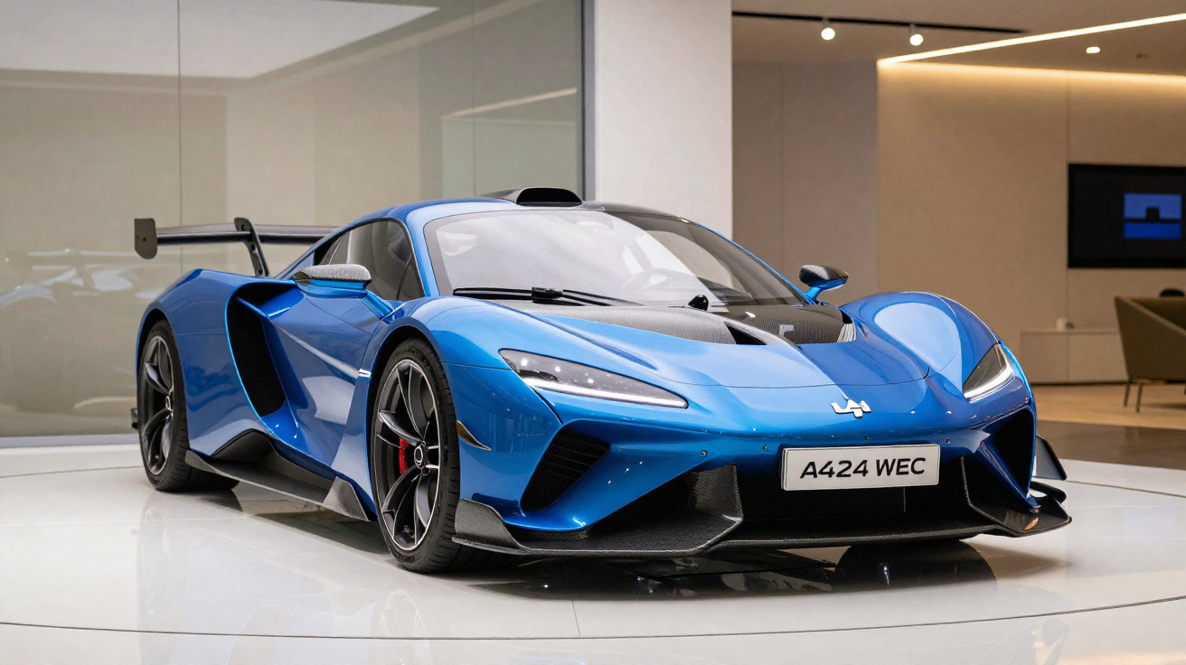 Carro esportivo azul com design aerodinâmico exposto em ambiente interno moderno.
