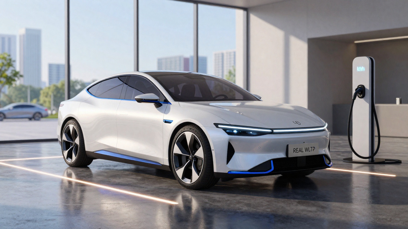 Carro elétrico branco estacionado em garagem moderna com estação de recarga ao lado.