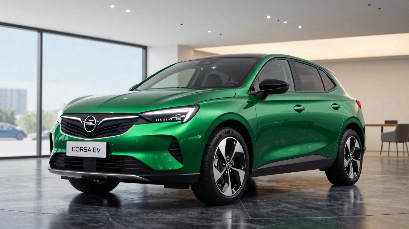 Carro elétrico Opel Corsa EV verde em salão moderno com piso de mármore e paredes claras.