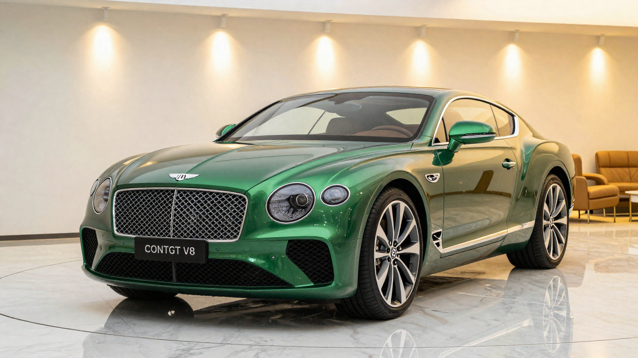 Carro esportivo verde Bentley CONTGT V8 exibido em showroom com piso de mármore e poltronas ao fundo.