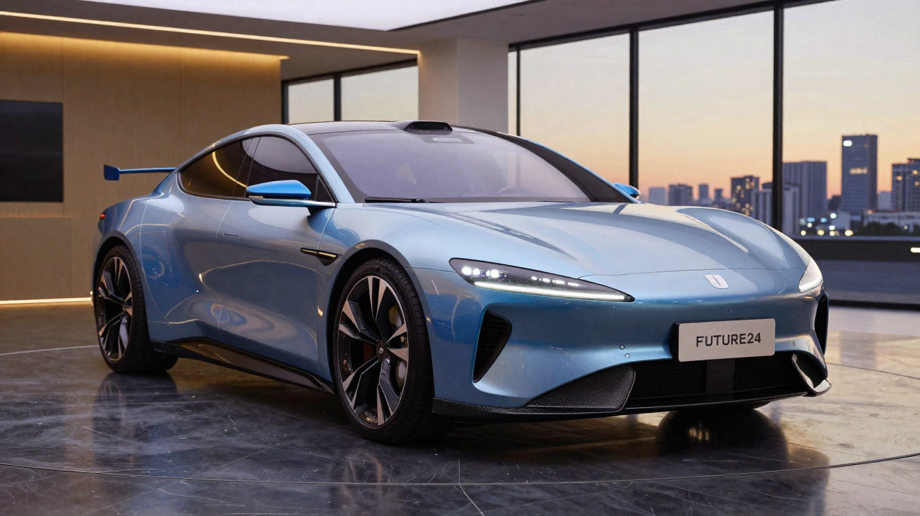 Carro esportivo elétrico azul metálico em ambiente interno com vista da cidade ao entardecer.