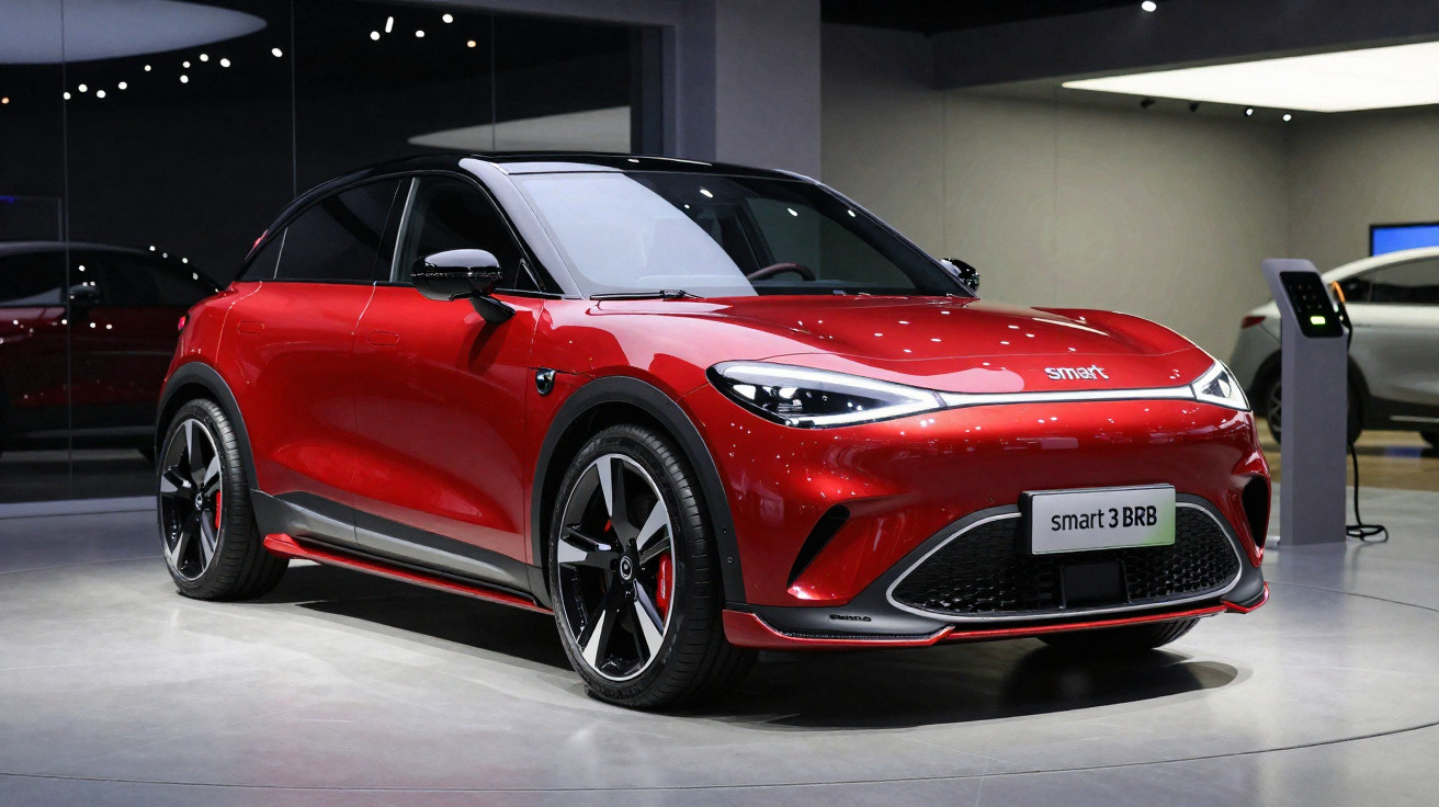 Carro elétrico vermelho Smart 3 BRB exposto em ambiente interno moderno.