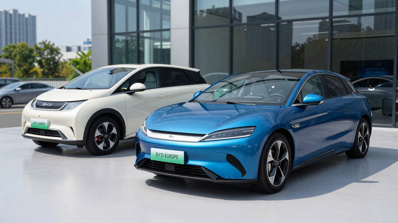 Dois carros elétricos BYD Europe, um azul e outro branco, estacionados em área externa moderna.