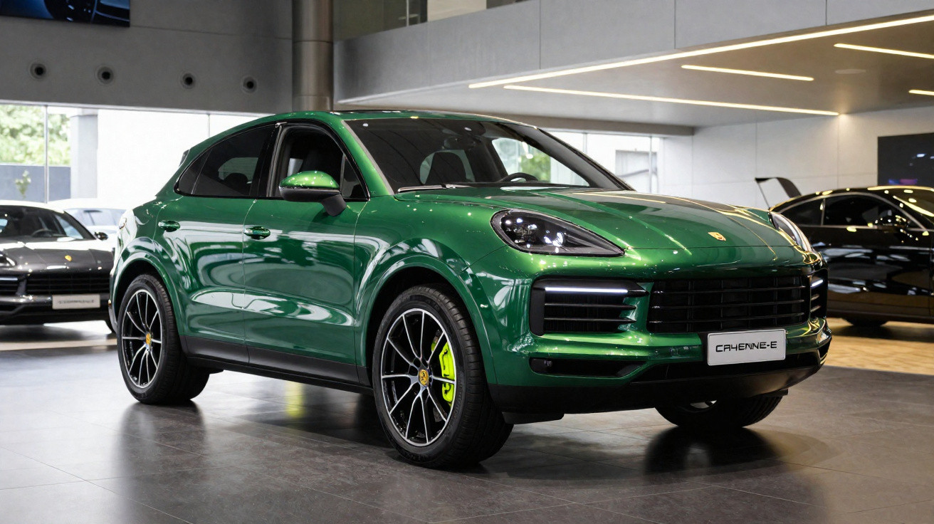 Carro esportivo SUV Porsche Cayenne-e verde em showroom moderno com piso cinza e iluminação LED.