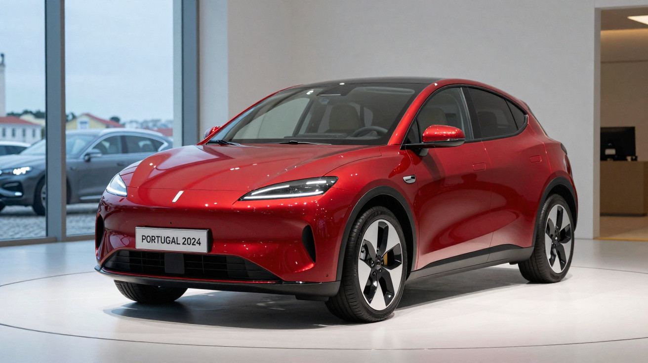 Carro elétrico vermelho exposto em showroom com placa "Portugal 2024" e design moderno aerodinâmico.