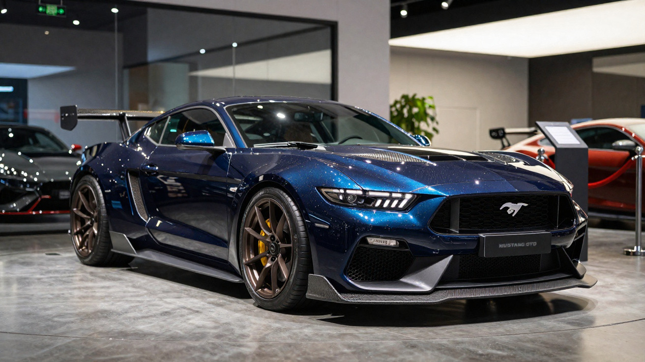 Carro esportivo azul Ford Mustang GTD exposto em salão com iluminação destacando detalhes do veículo