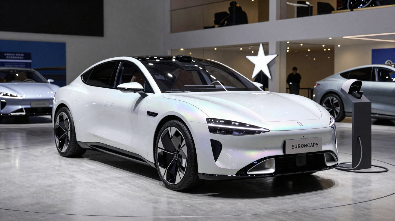 Carro elétrico branco em exposição conectado a estação de recarga em ambiente interno.