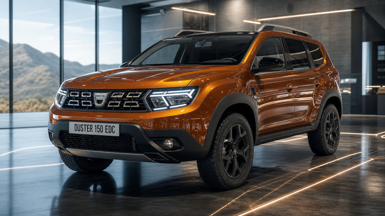 SUV Dacia Duster 150 EDC laranja estacionado em ambiente interno moderno e iluminado.