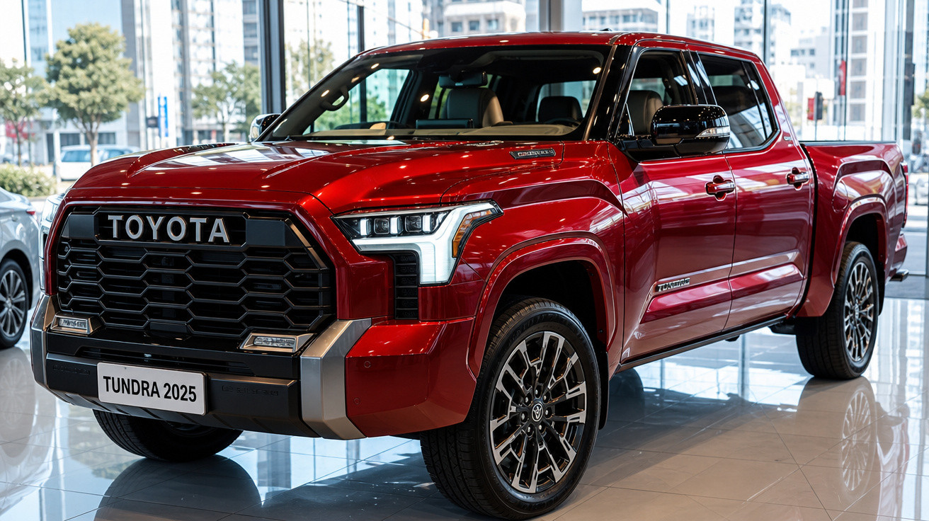 Picape Toyota Tundra 2025 vermelha exposta em showroom com detalhes modernos e robustos.