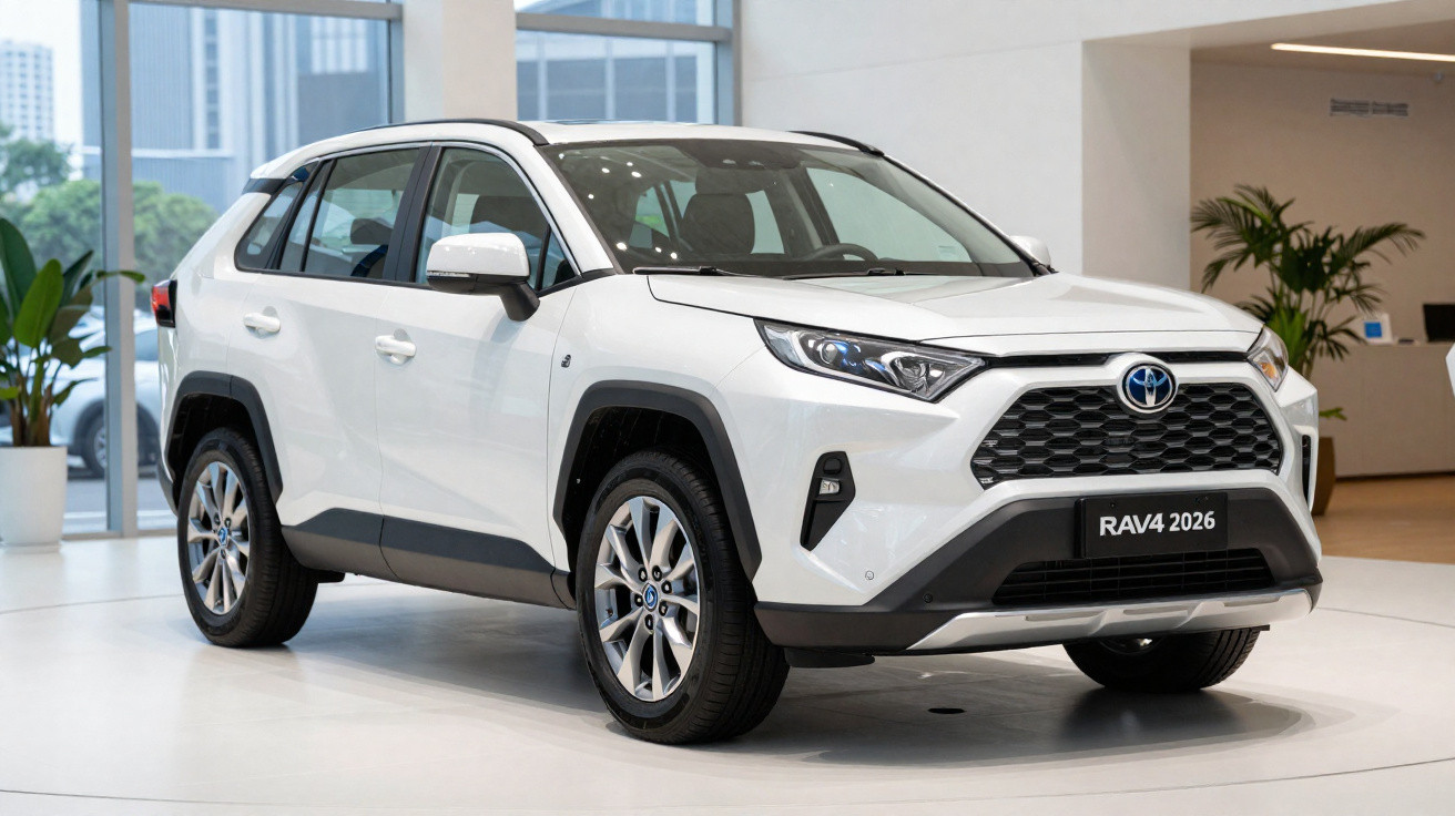 Carro SUV branco Toyota RAV4 2026 exibido em salão moderno, com luz natural e plantas ao fundo.