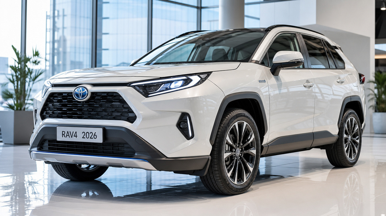 Toyota RAV4 2026 branco exibido em showroom moderno com iluminação natural e piso brilhante.